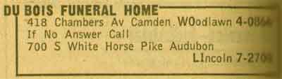 Du Bois Funeral Home Yellow Pages advertisement, 1955 — 418 Chambers Avenue, Camden