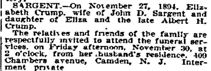 Death notice for Elizabeth Crump Sargent, wife of John D. Sargent, Philadelphia Inquirer, November 28, 1894