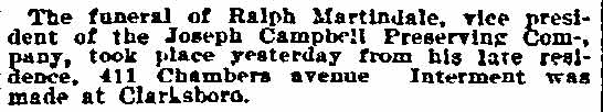 Philadelphia Inquirer clipping, September 5, 1900 — Funeral of Ralph Martindale, 411 Chambers Avenue