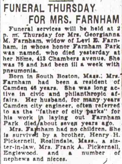 Obituary clipping — Funeral Thursday for Mrs. Farnham, Camden Courier-Post, August 25, 1931