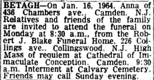 Death notice for Anna Betagh, 436 Chambers Avenue, Camden Courier-Post, January 17, 1964