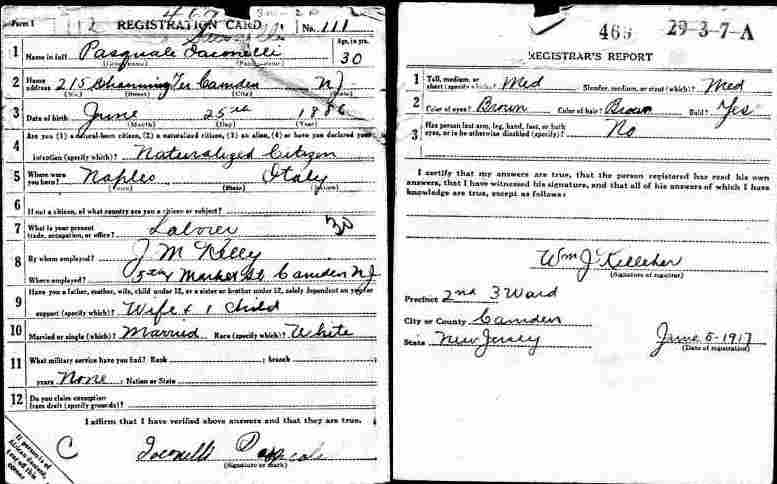 World War I Draft Registration Card — Pasquale Iaconelli, 215 Channing Terrace, Camden