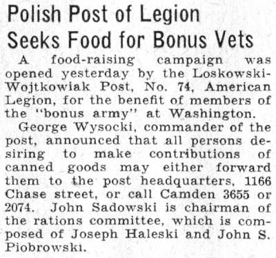 Polish Post of Legion Seeks Food for Bonus Vets, Camden Courier-Post, June 7, 1932