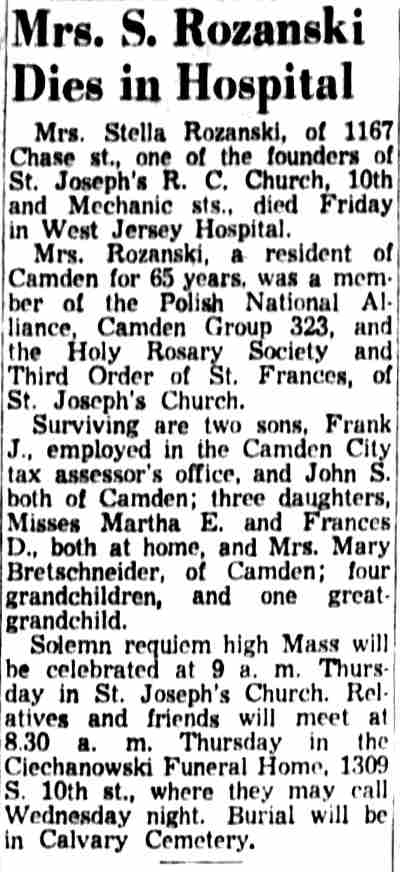 Mrs. S. Rozanski Dies in Hospital, Camden Courier-Post, May 21, 1956