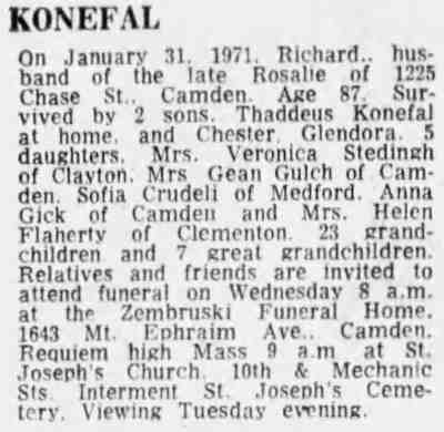 Konefal obituary, Camden Courier-Post, February 2, 1971