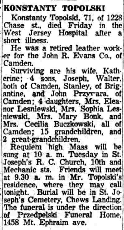Konstanty Topolski obituary, Camden Courier-Post, October 15, 1956
