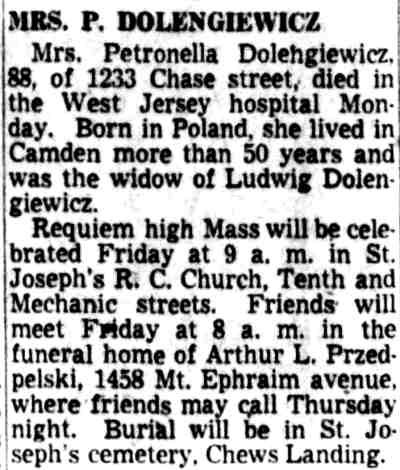 Mrs. P. Dolengiewicz obituary, Camden Courier-Post, April 2, 1952