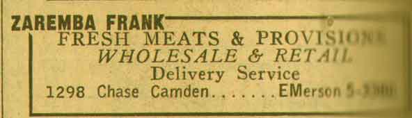 Zaremba Frank Fresh Meats and Provisions, 1298 Chase Camden, New Jersey Business Directory 1955