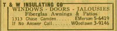 T and W Insulating Co., 1313 Chase Camden, New Jersey Business Directory 1955
