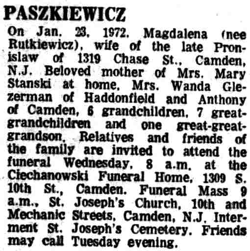 Paszkiewicz obituary, Camden Courier-Post, January 25, 1972