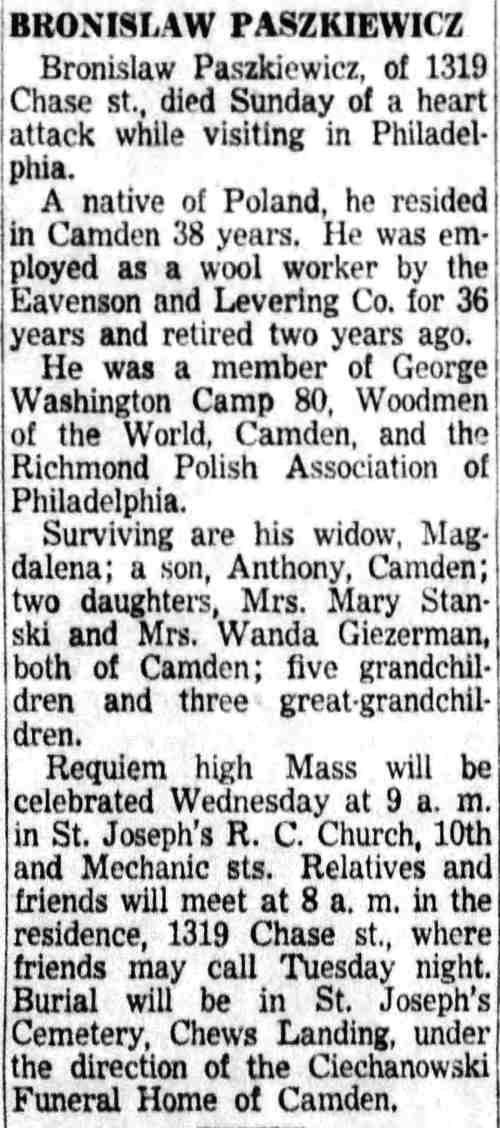 Bronislaw Paszkiewicz obituary, Camden Courier-Post, December 28, 1953