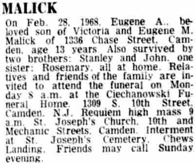 Malick obituary, Camden Courier-Post, March 2, 1968