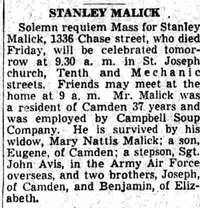 Stanley Malick obituary, Camden Courier-Post, April 23, 1945