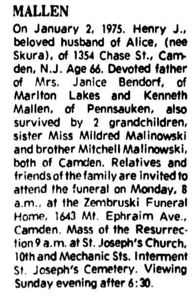 Mallen obituary, Camden Courier-Post, January 3, 1975