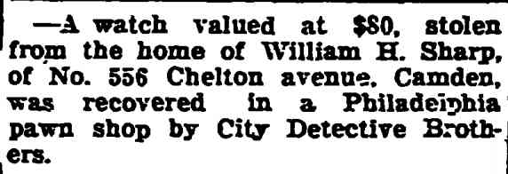 Brief notice about William H. Sharp, 556 Chelton Avenue, watch stolen — Philadelphia Inquirer, July 27, 1919