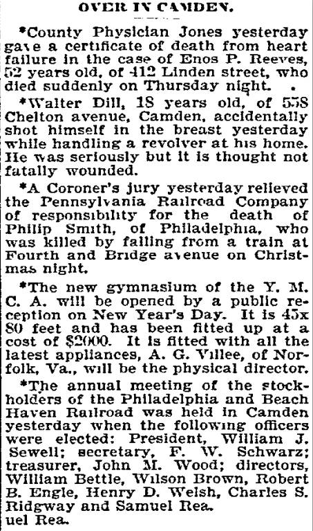 Over in Camden column, Philadelphia Inquirer — includes item about Walter Dill of 558 Chelton Avenue