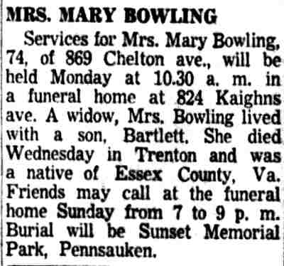 Obituary for Mrs. Mary Bowling of 869 Chelton Avenue — Camden Courier-Post, October 23, 1953