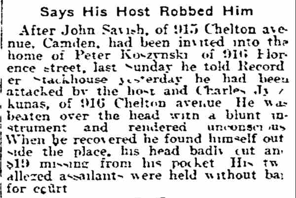 Says His Host Robbed Him — John Savish of 915 Chelton Avenue, Philadelphia Inquirer, October 25, 1917