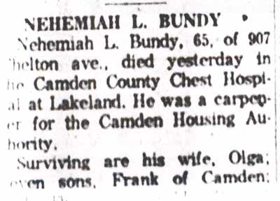 Obituary for Nehemiah L. Bundy, 907 Chelton Avenue — Camden Courier-Post, January 16, 1964
