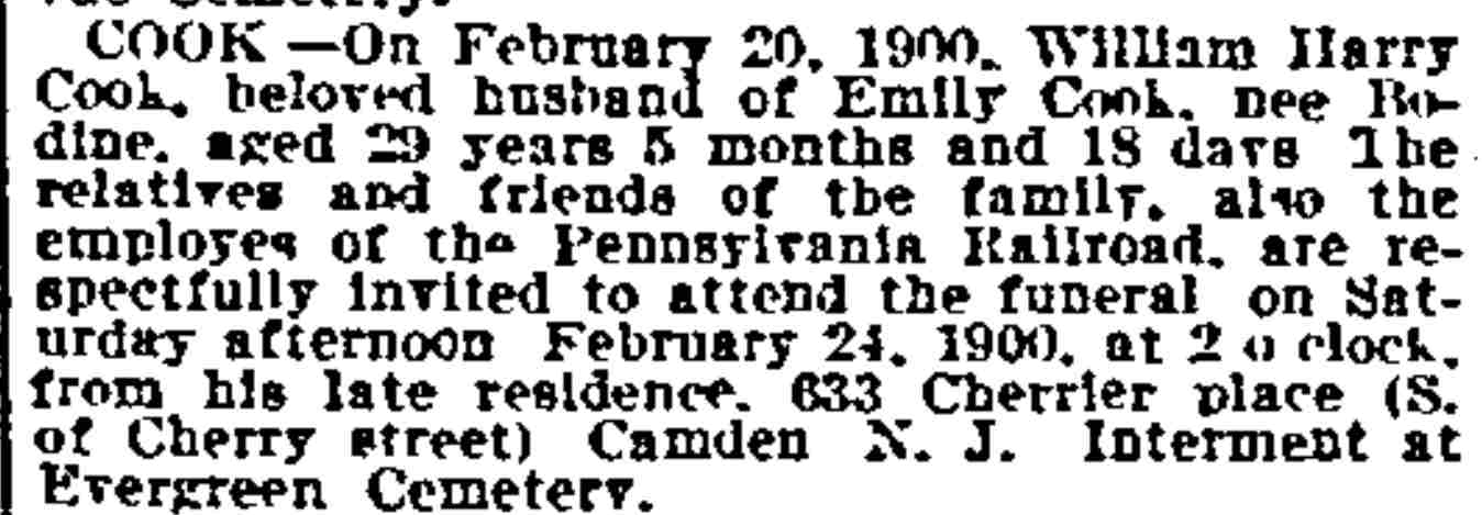 Death notice for William Harry Cook, 633 Cherrier Place, Philadelphia Inquirer, February 23, 1900