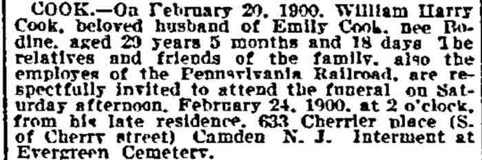 Death notice for William Harry Cook, 633 Cherrier Place, Philadelphia Inquirer, February 24, 1900
