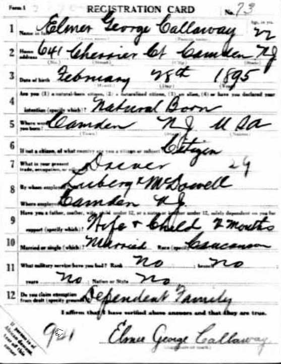 World War I draft card for Elmer G. Calloway, 641 Cherrier Place, 1917