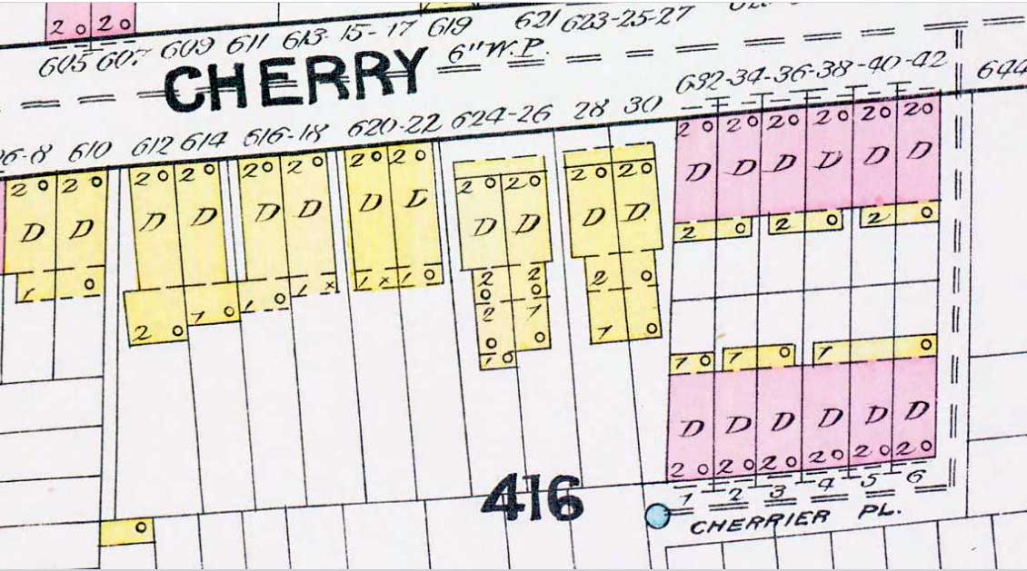 1891 Sanborn Map showing Cherrier Place running south off of Cherry Street