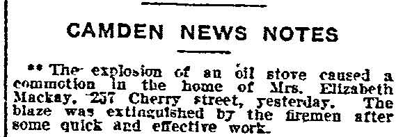 Philadelphia Inquirer, March 14, 1911 — Oil stove explosion at home of Mrs. Elizabeth Mackay, 257 Cherry Street