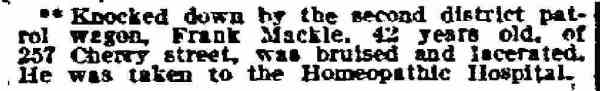 Philadelphia Inquirer, June 10, 1910 — Frank Mackle of 257 Cherry Street knocked down by patrol wagon