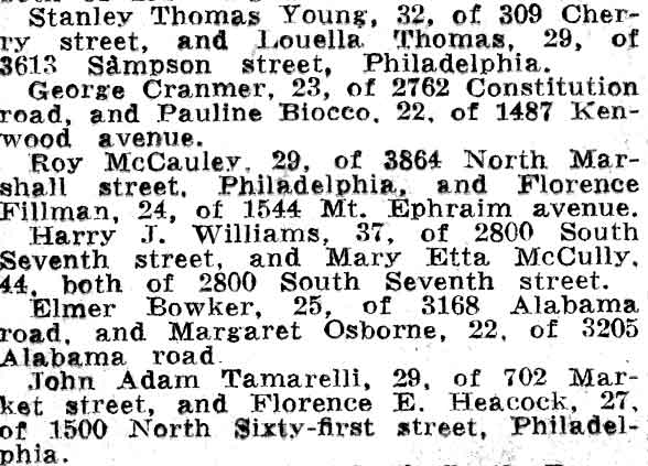 Camden Courier-Post, February 22, 1938 — marriage license, George Cranmer and Pauline Biocco, 1487 Kenwood Avenue