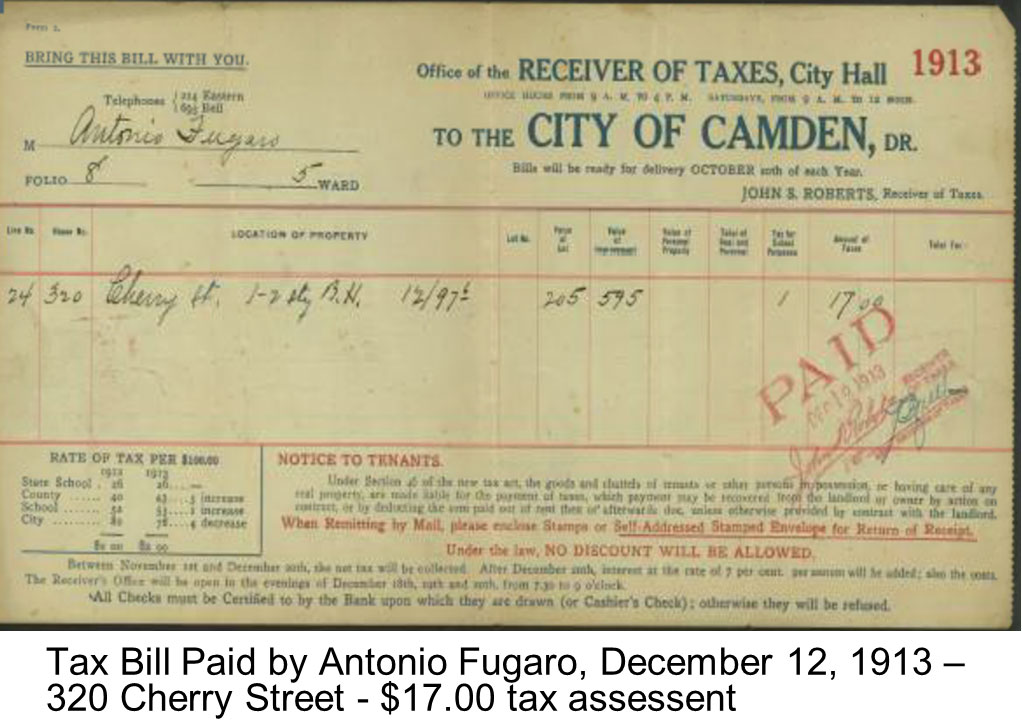 Property tax receipt, December 12, 1913 — 320 Cherry Street, Antonio Fugaro