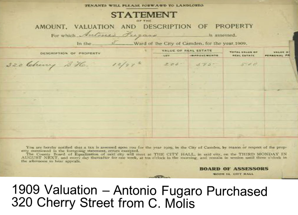 Property value record for 320 Cherry Street, purchased by Antonio Fugaro from C. Moles in 1909