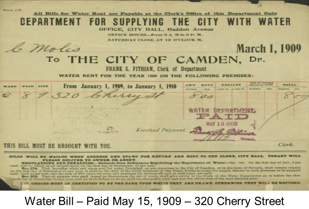 Water bill, May 1909 — 320 Cherry Street, Antonio Fugaro