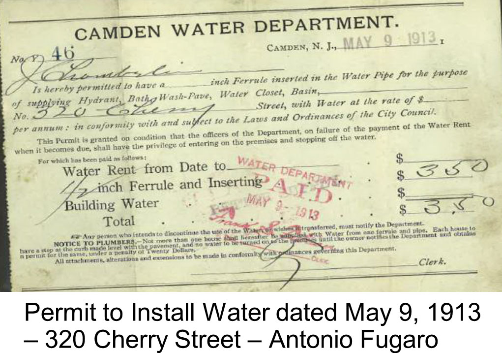 Permit to install water, May 9, 1913 — 320 Cherry Street, Antonio Fugaro
