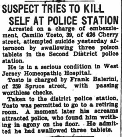 Camden Courier-Post, December 15, 1930 — Camillo Tosto, 426 Cherry Street; Frank Valeriani; Spruce Street