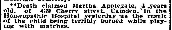 Philadelphia Inquirer, March 18, 1909 — Death of Martha Applegate, 4, of 439 Cherry Street, burned while playing with matches