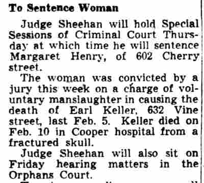 Camden Courier-Post, June 10, 1944 — Margaret Henry, 602 Cherry Street; Bartholomew Sheehan; Earl McKinley Keller; Vine Street