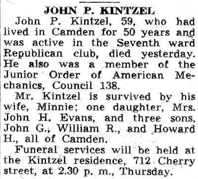 Camden Courier-Post, February 22, 1938 — John P. Kintzel obituary, 712 Cherry Street