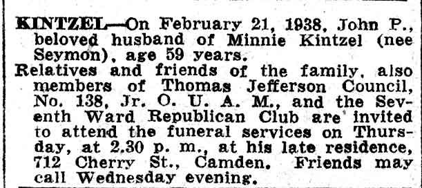 Camden Courier-Post, February 23, 1938 — Kintzel death notice, 712 Cherry Street