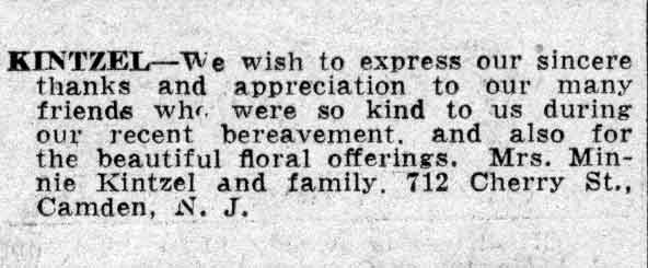 Camden Courier-Post, February 26, 1938 — Kintzel family thanks notice, 712 Cherry Street