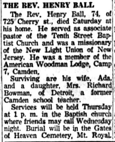 Camden Courier-Post, October 4, 1955 — The Rev. Henry Ball, 74, of 725 Cherry Street, obituary