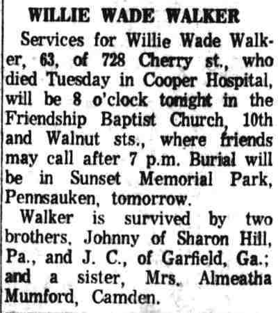 Camden Courier-Post, October 2, 1964 — Willie Wade Walker, 63, of 728 Cherry Street, obituary