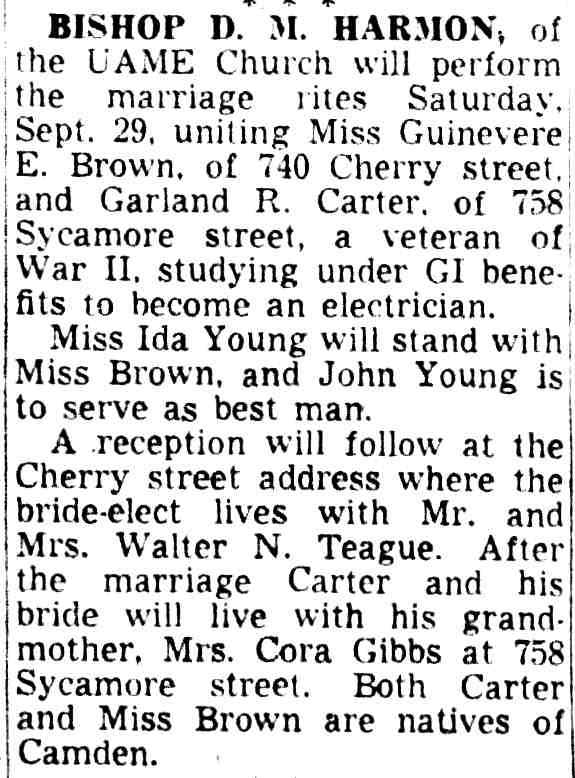 Camden Courier-Post, September 26, 1951 — Marriage of Guinevere E. Brown, of 740 Cherry Street, and Garland R. Carter; Walter N. Teague family