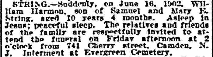 Philadelphia Inquirer, June 19, 1902 — Death notice for William Harmon String, son of Samuel and Mary E. String, of 741 Cherry Street
