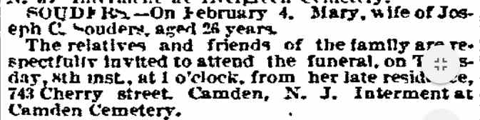 Philadelphia Inquirer, February 6, 1894 — Death notice for Mary Souders, wife of Joseph C. Souders, 742 Cherry Street