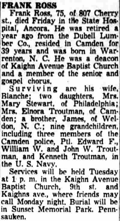 Camden Courier-Post, January 26, 1957 — Frank Ross, 75, of 807 Cherry Street, obituary; Kaighn Avenue Baptist Church
