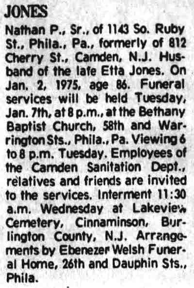 Camden Courier-Post, January 2, 1975 — Nathan P. Jones Sr., formerly of 812 Cherry Street, Camden, obituary