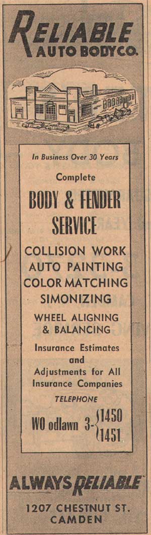 1207 Chestnut Street — Reliable Auto Body Co., 1955 New Jersey Bell Yellow Pages ad