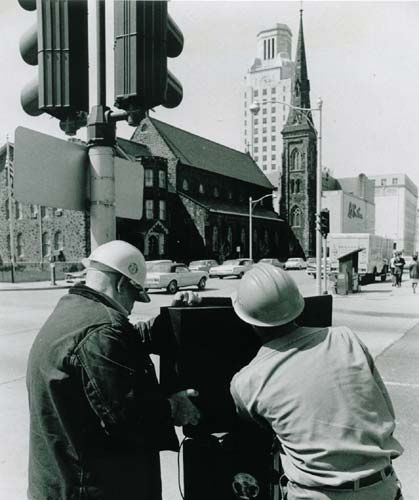 Looking southwest from northeast corner of North 7th and Market Streets, 1962