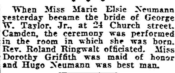 Wedding of Marie Elsie Neumann and George W. Taylor Jr., 24 Church Street, Philadelphia Inquirer, December 9, 1921
